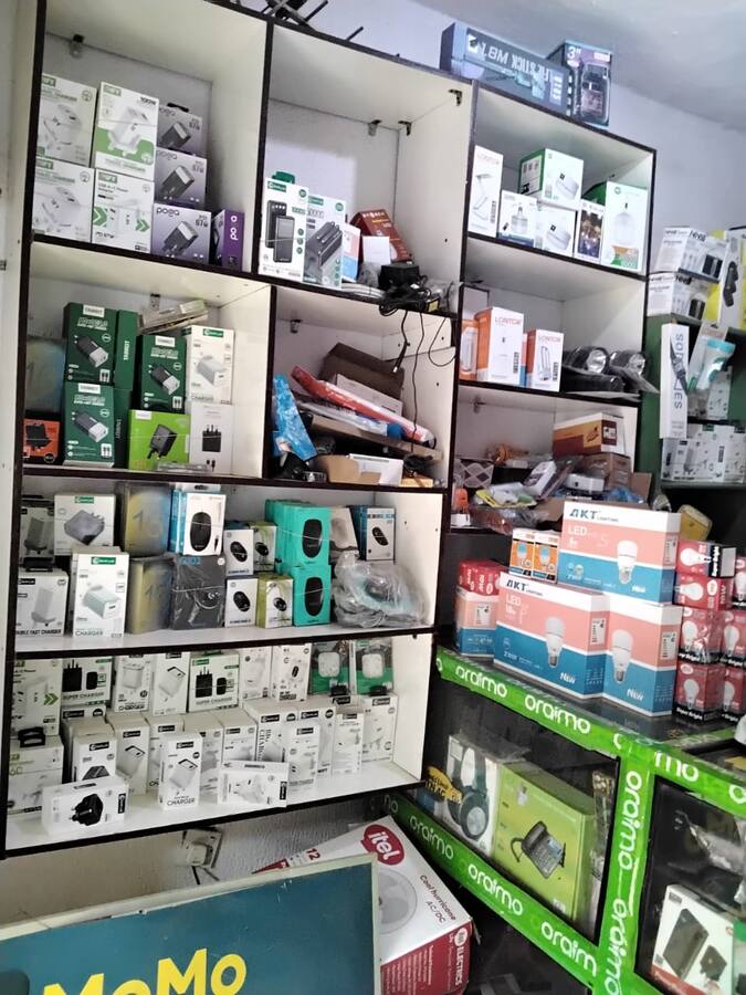 Shelves of chargers, power banks and LED bulbs